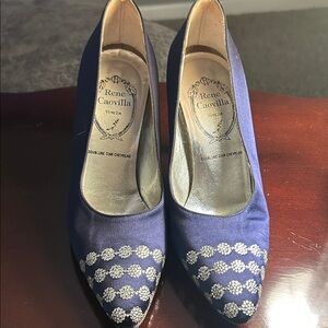 Rene Caovilla Navy and Silver Embellished Heels, Sz 7.5